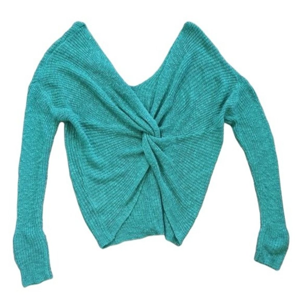Moon & Madison Green Off The Shoulder Twist Front Sweater